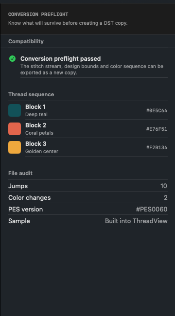 ThreadView conversion preflight, thread sequence and file audit
